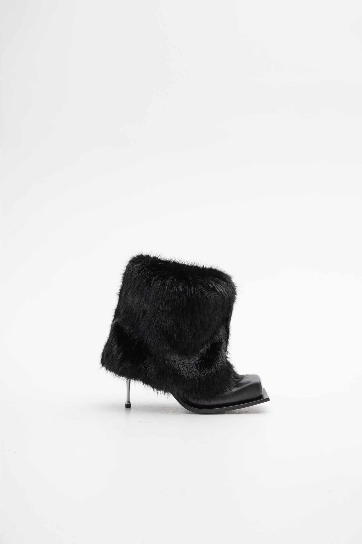 IMAN STILETTO HEEL BOOTS IN BLACK WITH BLACK FAUX FUR