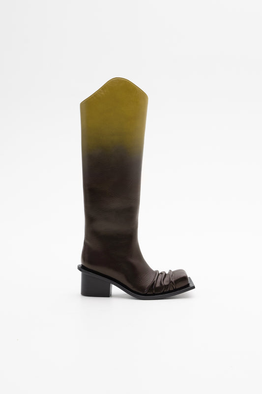 EQUESTRIAN CHUNKY HEEL SQUARE TOE BOOTS IN CHARTREUSE OMBRÉ