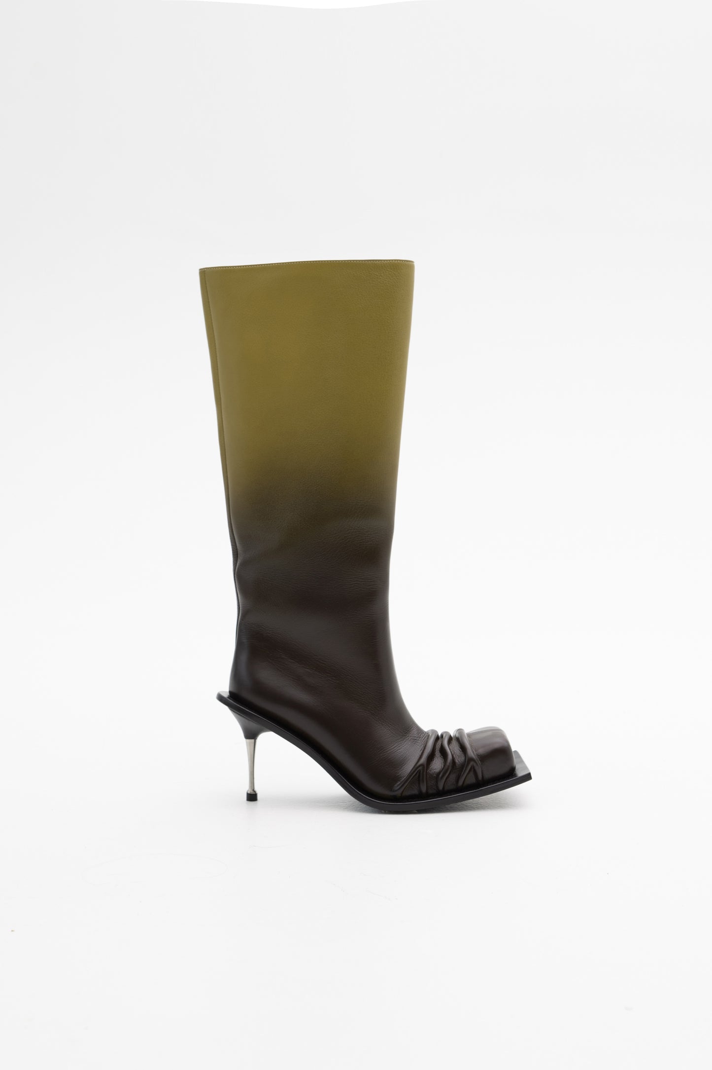 STILETTO HEEL CLASSIC SQUARE TOE BOOTS IN CHARTREUSE/BROWN OMBRÉ