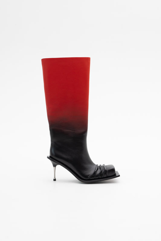 STILETTO HEEL CLASSIC SQUARE TOE BOOTS IN RED/BLACK OMBRÉ