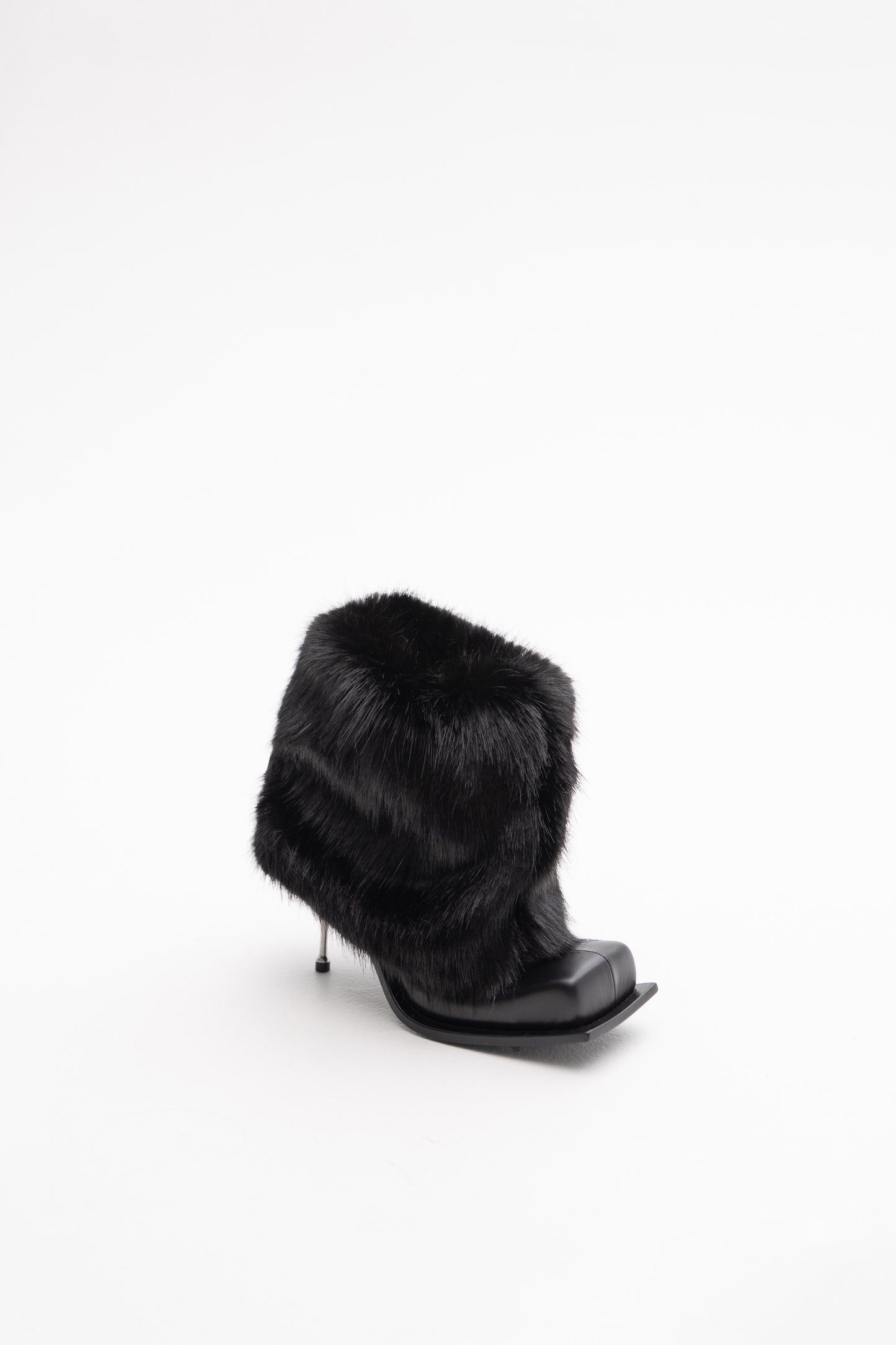 IMAN STILETTO HEEL BOOTS IN BLACK WITH BLACK FAUX FUR