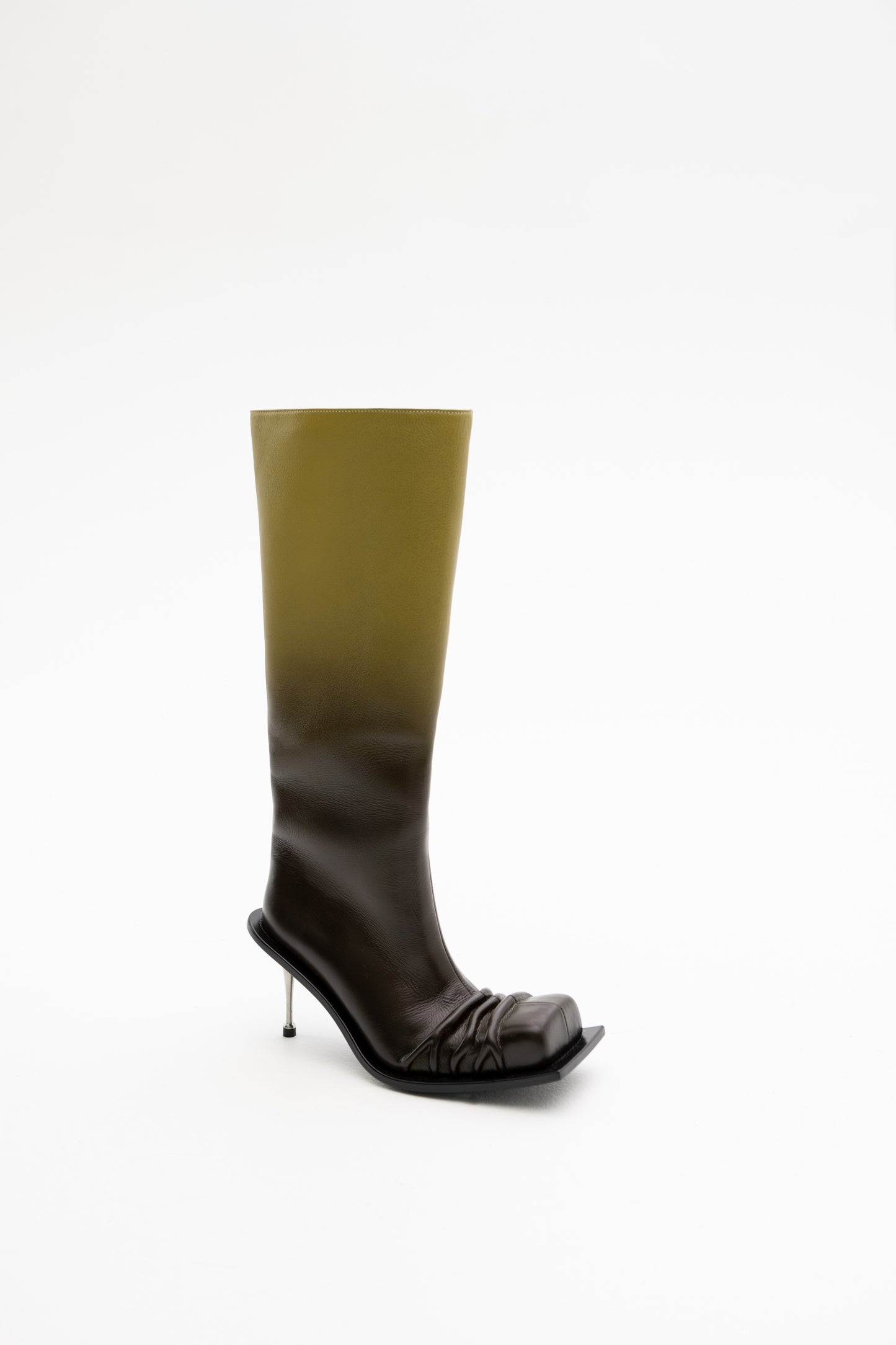 STILETTO HEEL CLASSIC SQUARE TOE BOOTS IN CHARTREUSE/BROWN OMBRÉ