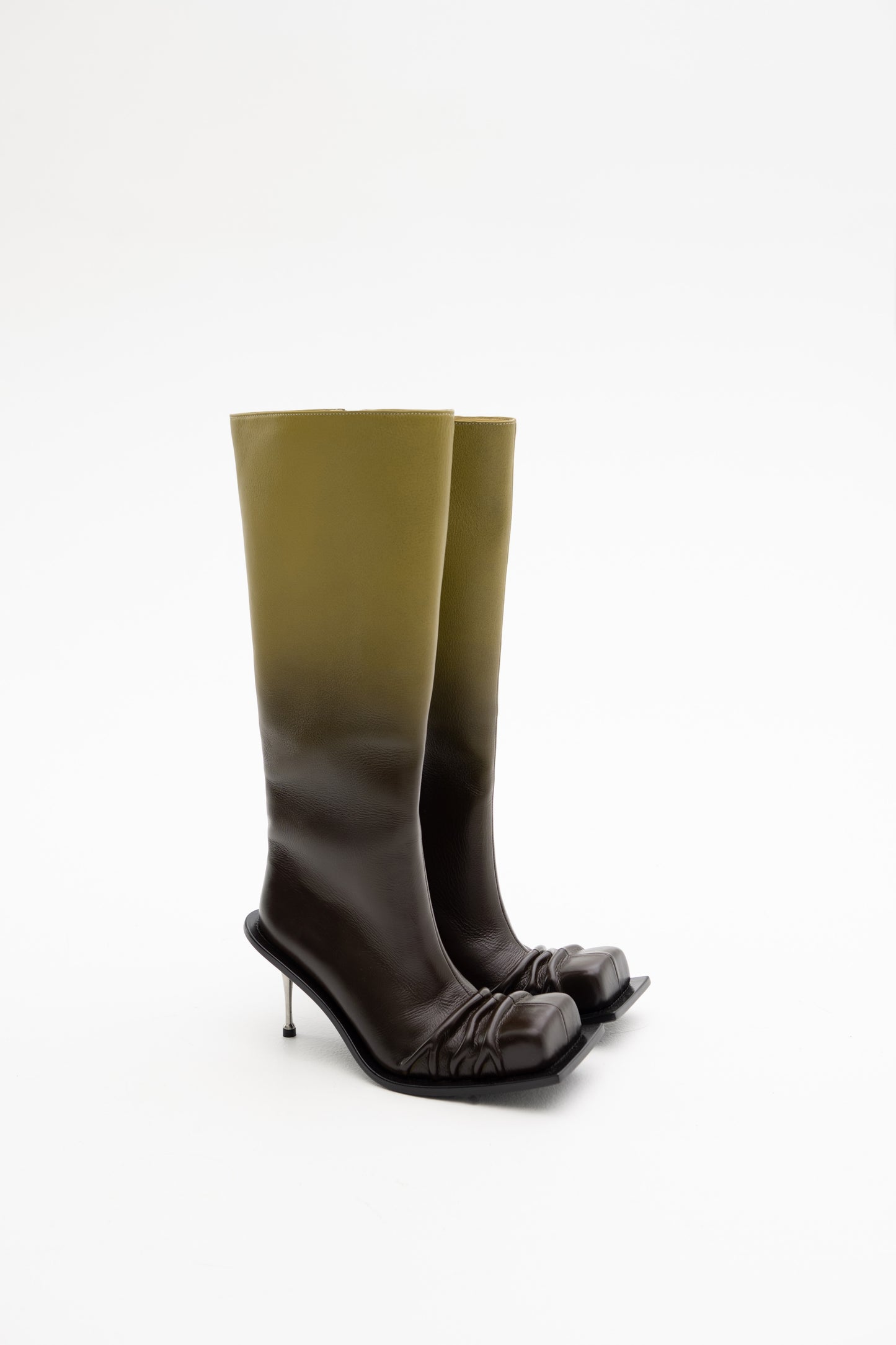 STILETTO HEEL CLASSIC SQUARE TOE BOOTS IN CHARTREUSE/BROWN OMBRÉ