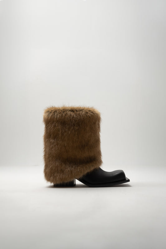 HAVVA CHUNKY HEEL CROPPED TROUSER BOOTS WITH CARAMEL FAUX FUR