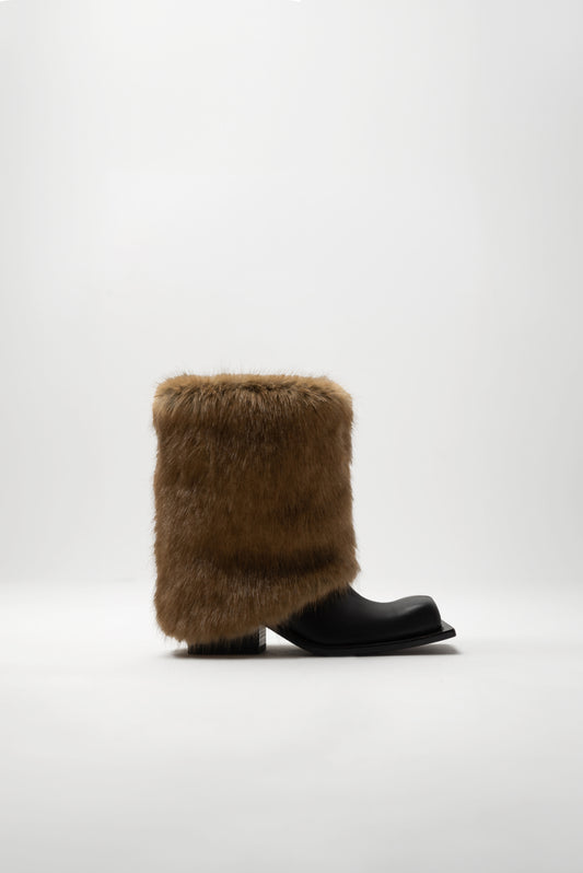 HAVVA CHUNKY HEEL CROPPED TROUSER BOOTS WITH CARAMEL FAUX FUR